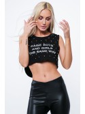 Asymetrický crop top s nápismi, čierny ZZ1119 - Internetový obchod - Butik